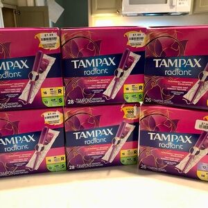 6 Boxes Tampax RADIANT Tampons, Super, Reg & Light.  Total 164. Unopened . A+++